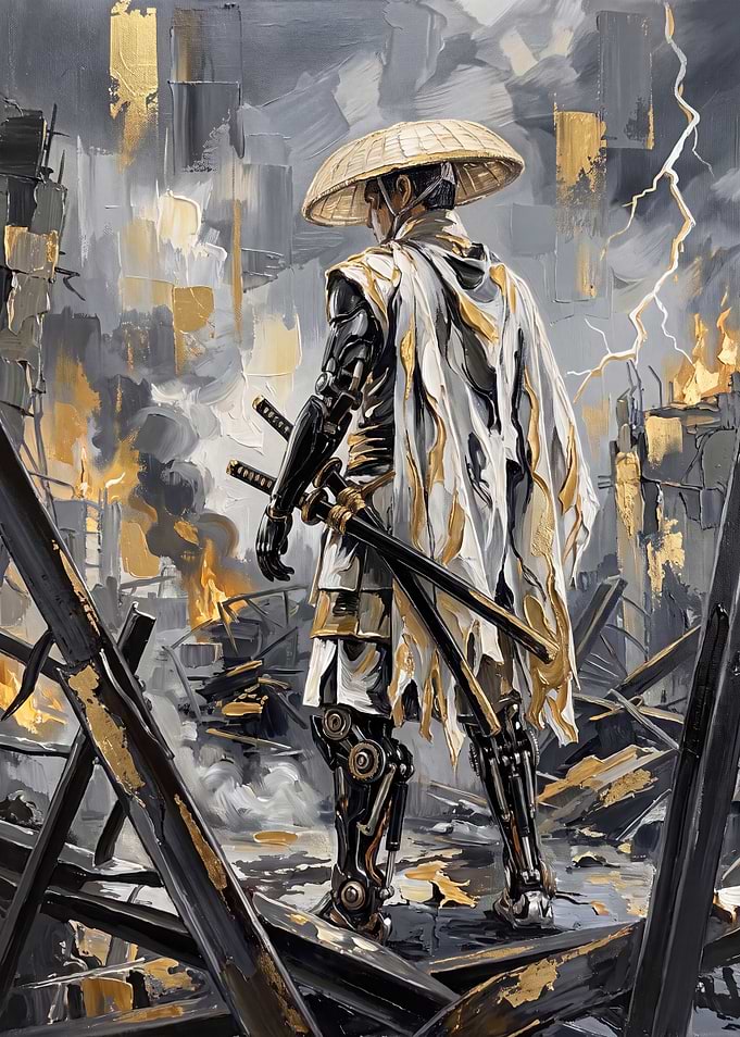 Cybernetic Samurai in Ruined City