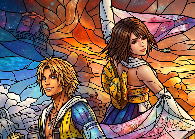 Final Fantasy X Tidus and Yuna Stained Glass Art