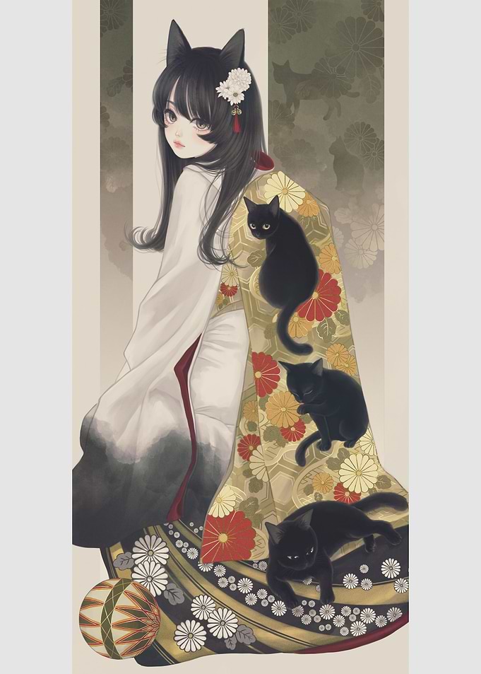 Anime Girl with Black Cats Kimono