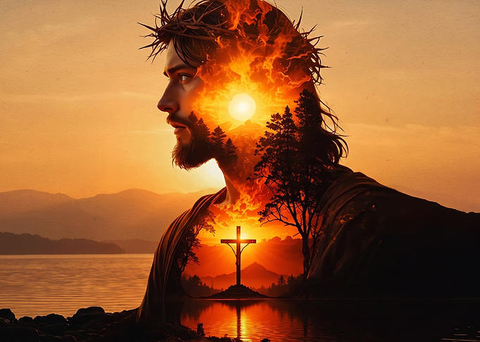 Double Exposure Jesus and Cross Sunset