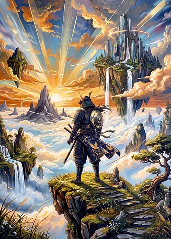 Samurai Standing Before Floating Islands