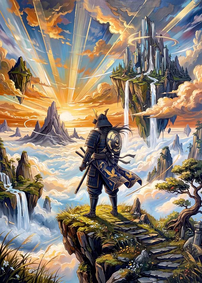 Samurai Standing Before Floating Islands