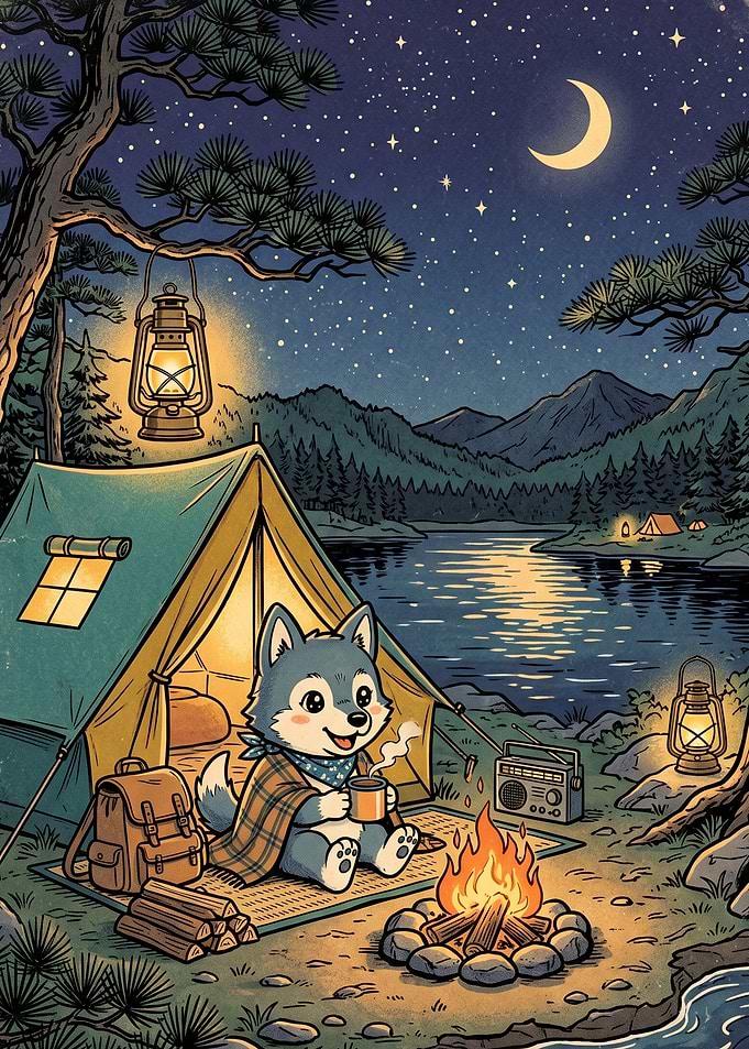 Cute Husky Camping Under Starry Sky