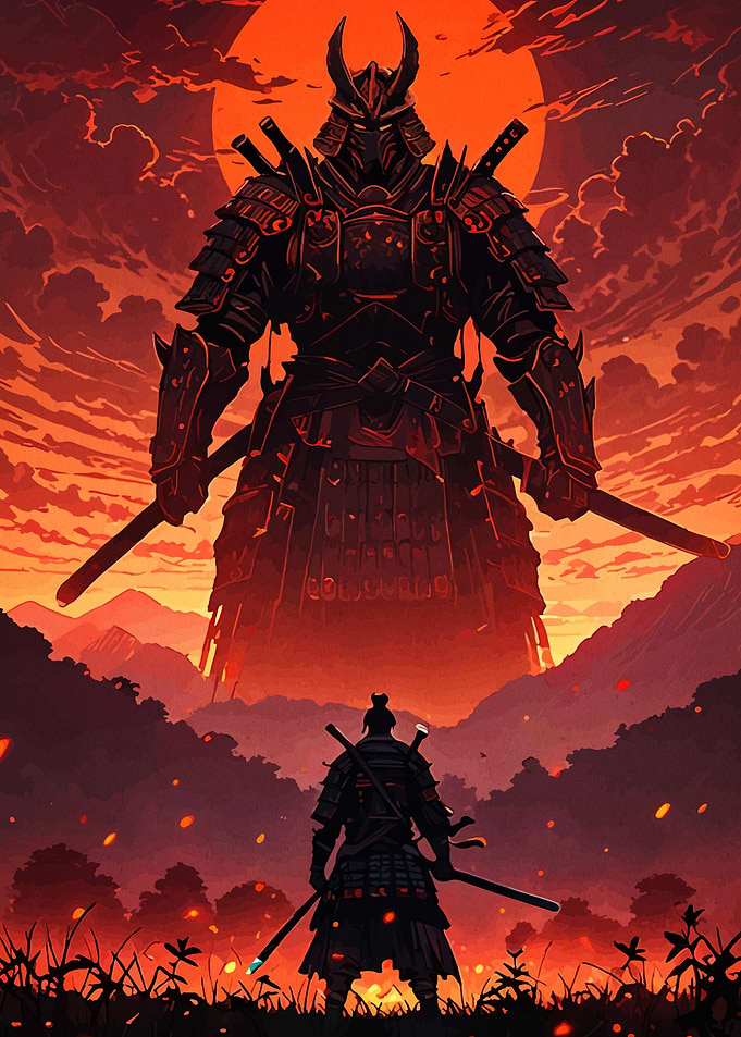 Samurai Facing a Giant Warrior