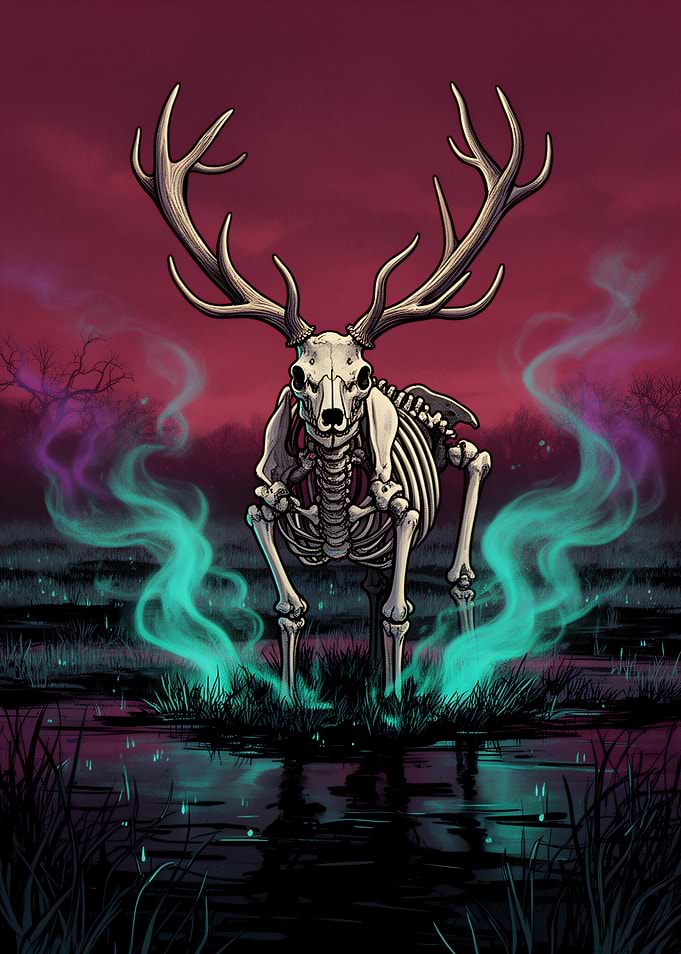 Spectral Skeleton Deer in Dark Swamp