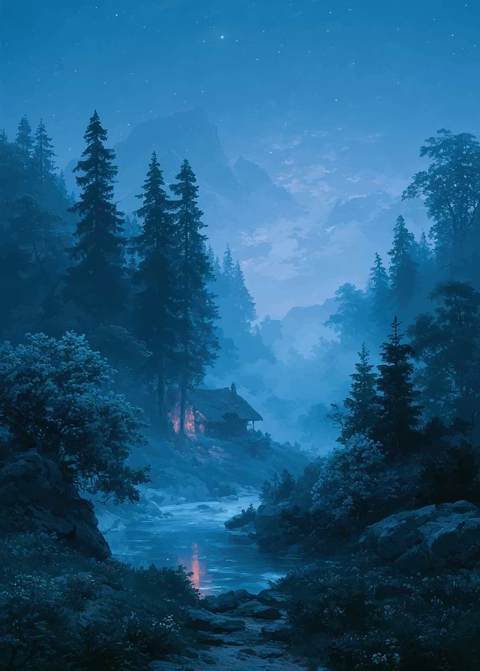 Cozy Cabin in Misty Forest Night
