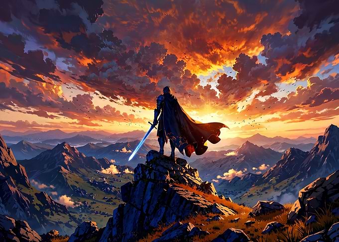 Knight Standing on Mountain Peak