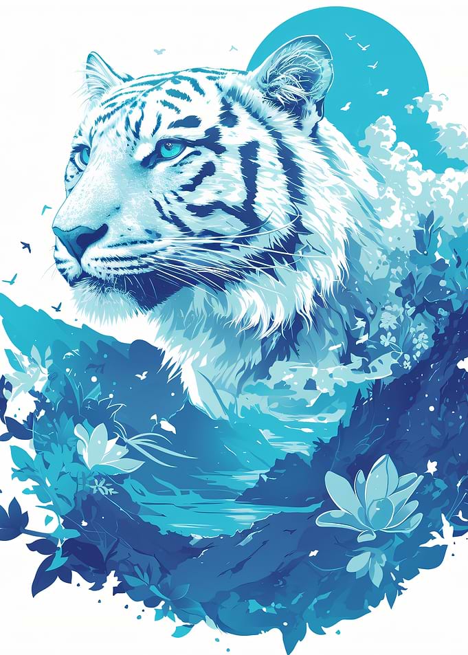 Blue Tiger Floral Illustration