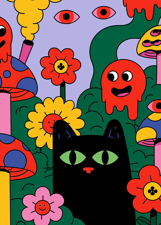Whimsical Black Cat in Psychedelic Garden