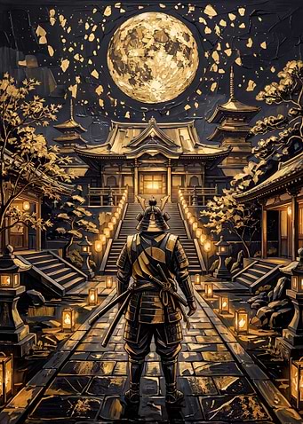 Samurai Standing Before Ancient Temple