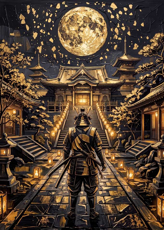 Samurai Standing Before Ancient Temple