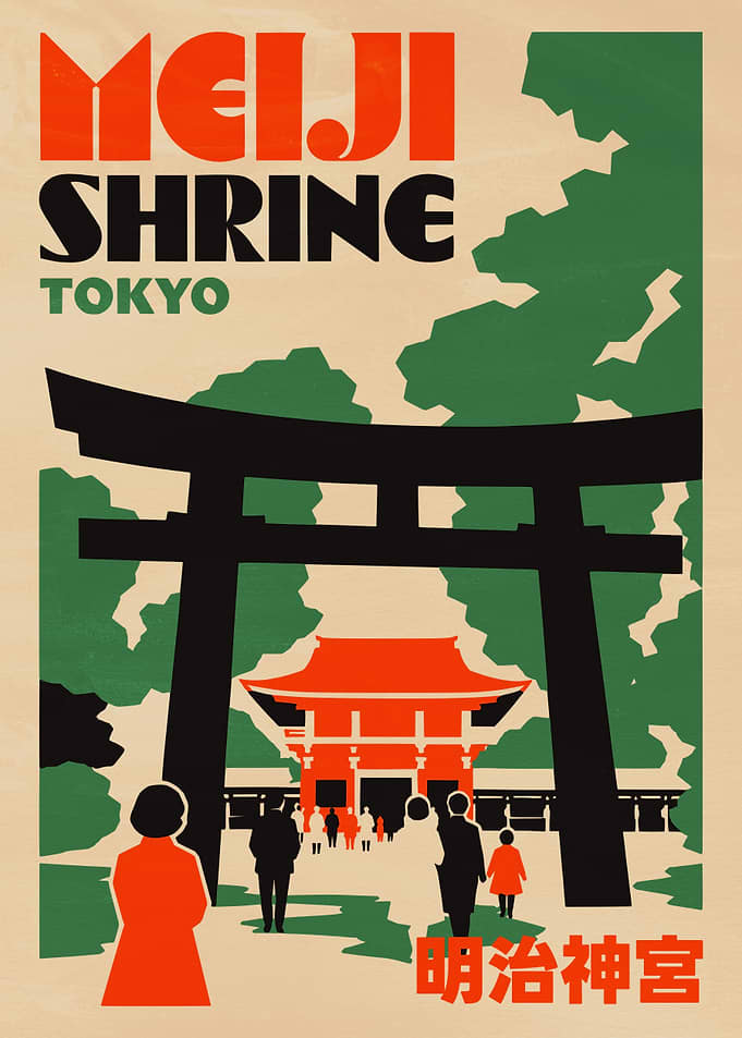 Vintage Meiji Shrine Tokyo Travel Poster
