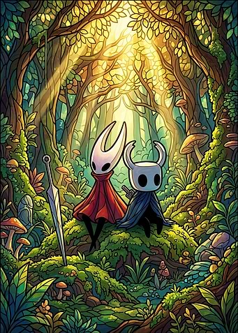 Hollow Knight and Hornet Forest Scene
