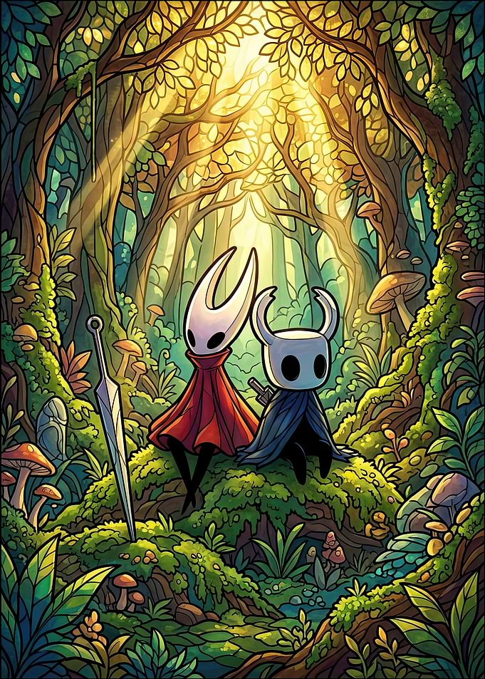 Hollow Knight and Hornet Forest Scene