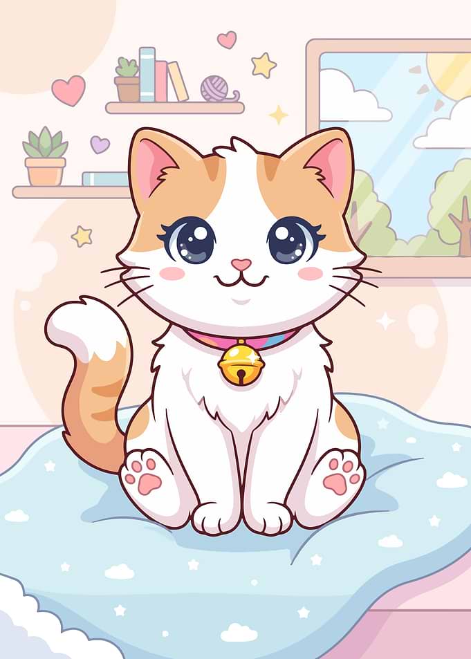 Cute Kawaii Calico Cat Illustration