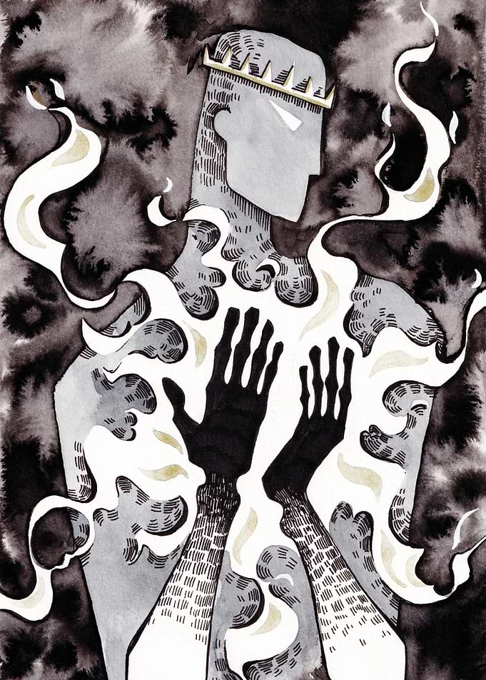 Ethereal Crowned Figure with Fire in Hands