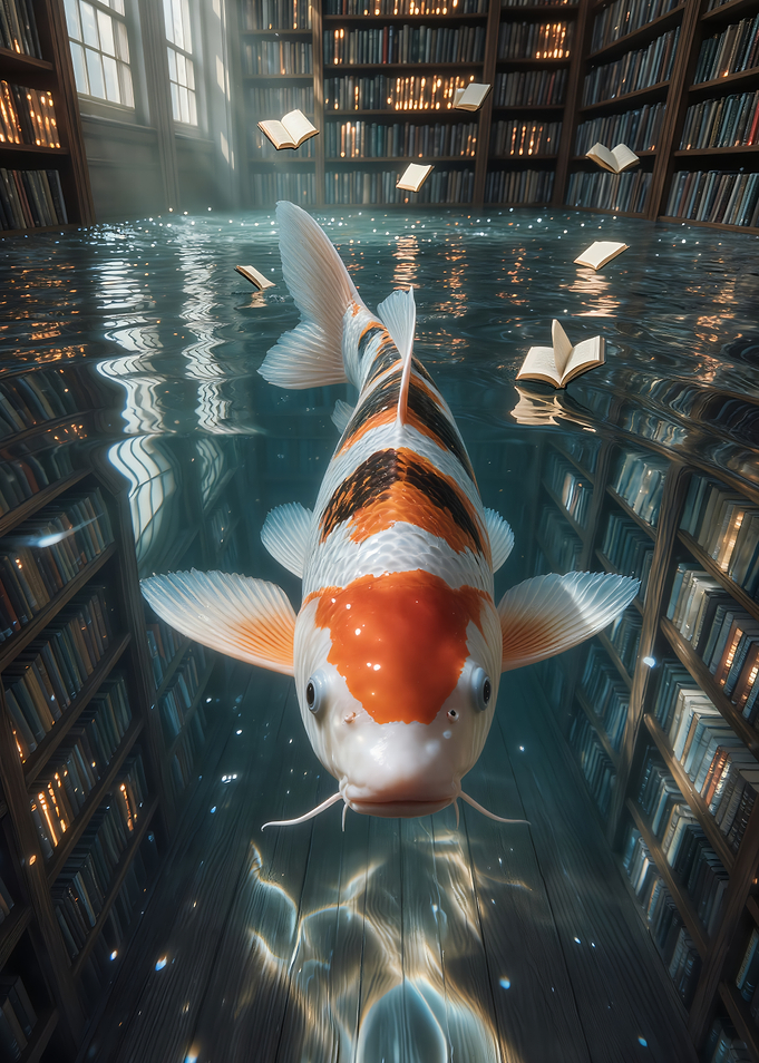 Koi Fish Swimming in Flooded Library