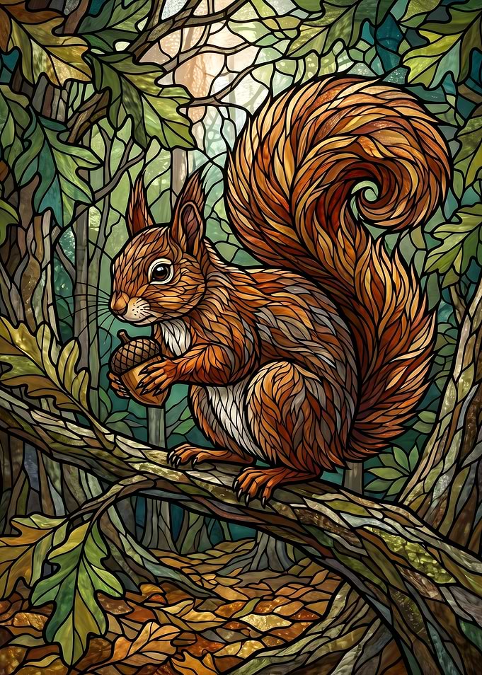 Stained Glass Squirrel with Acorn