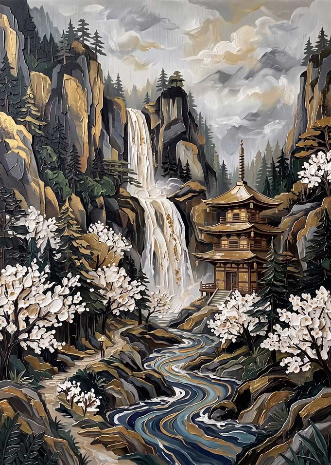 Golden Pagoda by Mountain Waterfall
