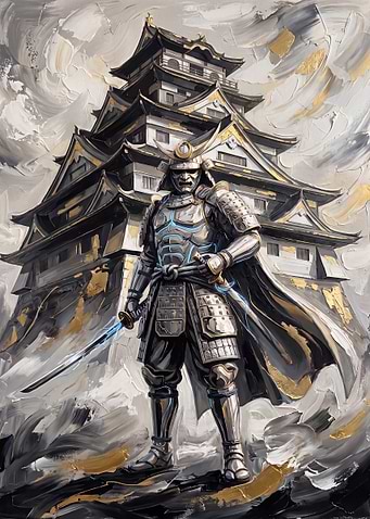 Samurai Warrior Before Japanese Castle