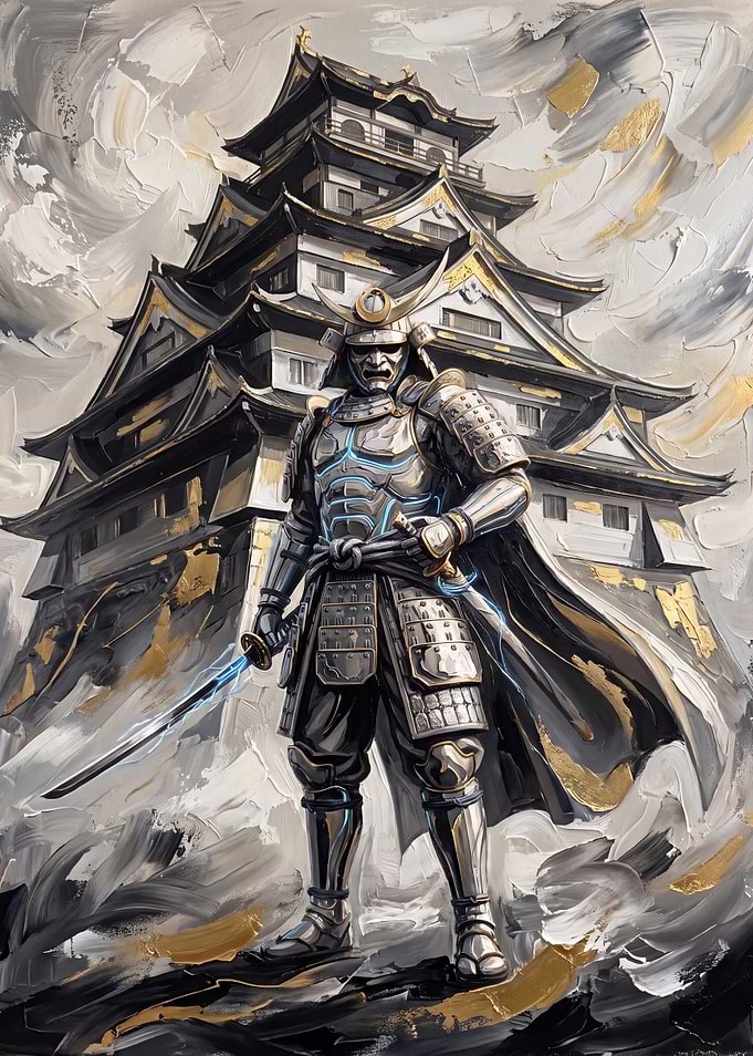 Samurai Warrior Before Japanese Castle