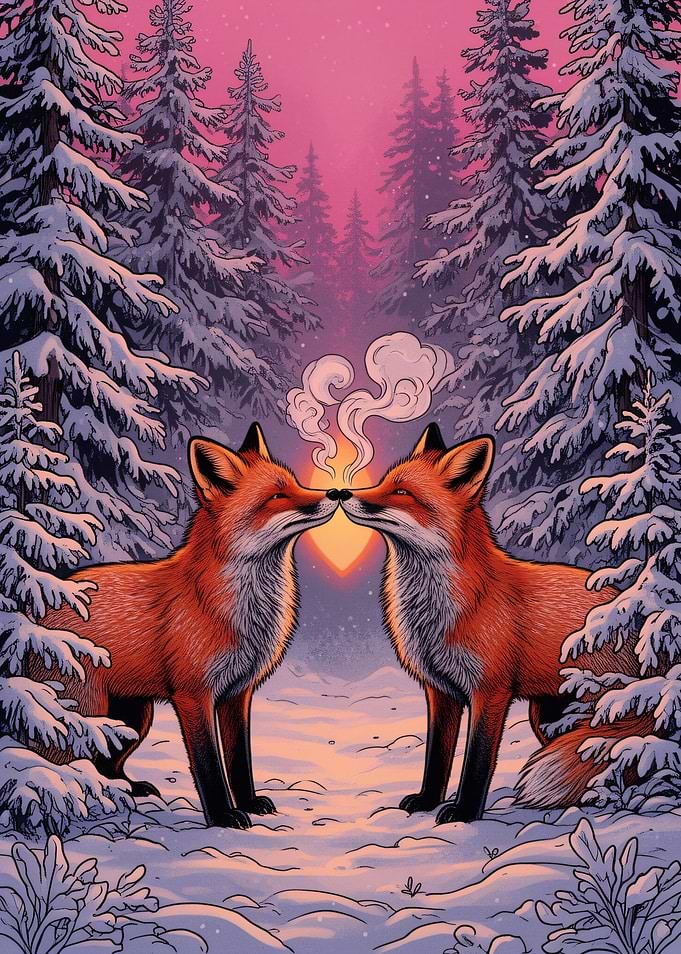 Two Foxes Kissing in Snowy Forest