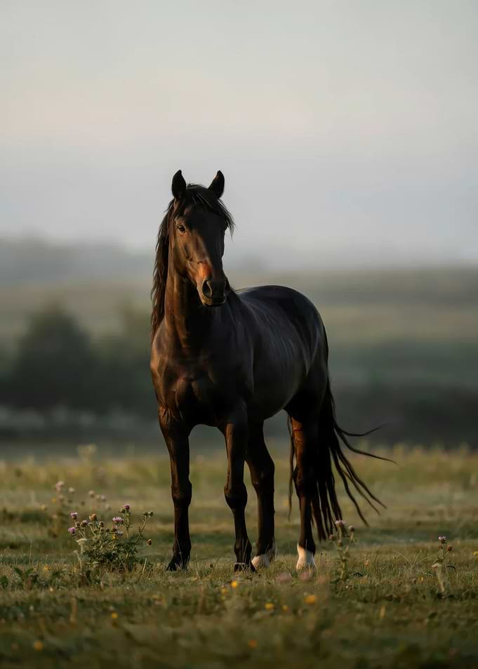 Majestic Black Horse in Morning Mist