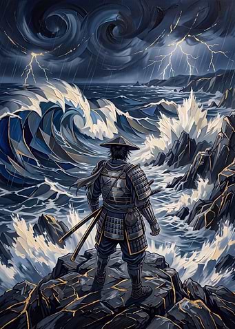 Samurai Standing Before Stormy Ocean