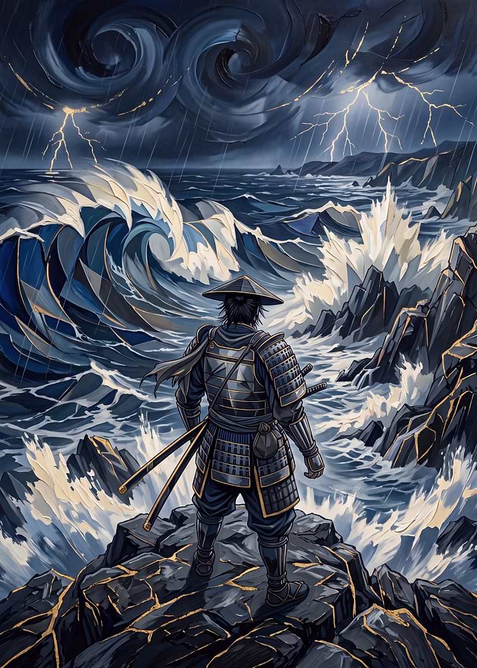 Samurai Standing Before Stormy Ocean
