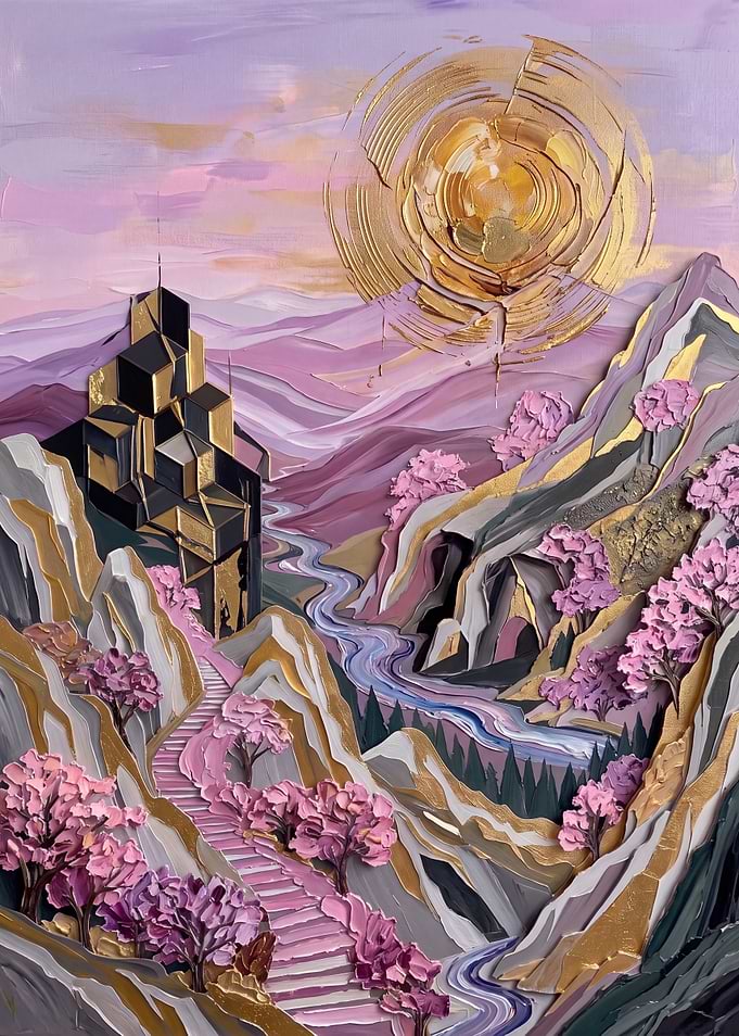 Abstract Golden Sun Over Mountain Landscape