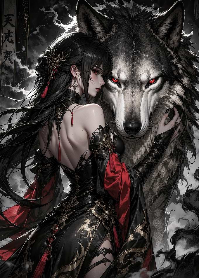 Gothic Anime Girl with Giant Wolf