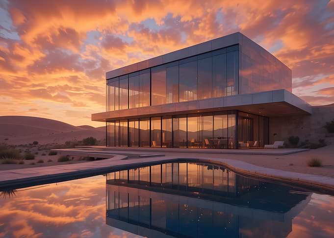 Modern Glass Villa in Desert Sunset