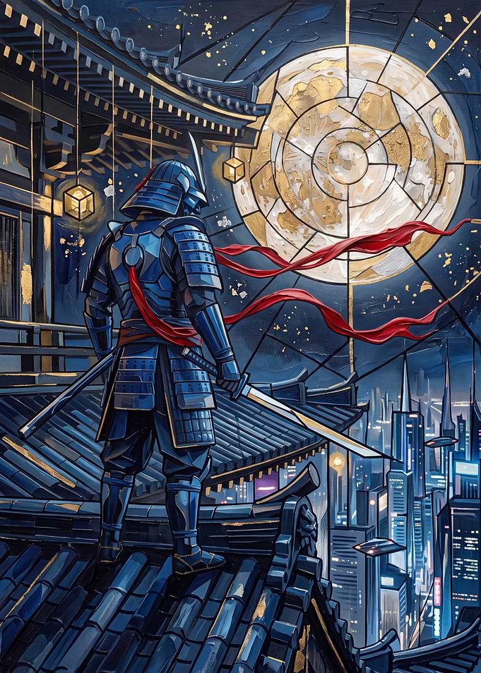 Cyberpunk Samurai Overlooking Futuristic City