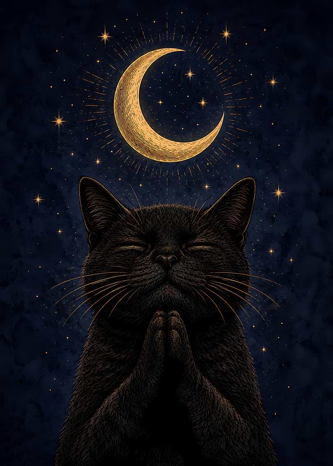 Praying Black Cat Under Crescent Moon