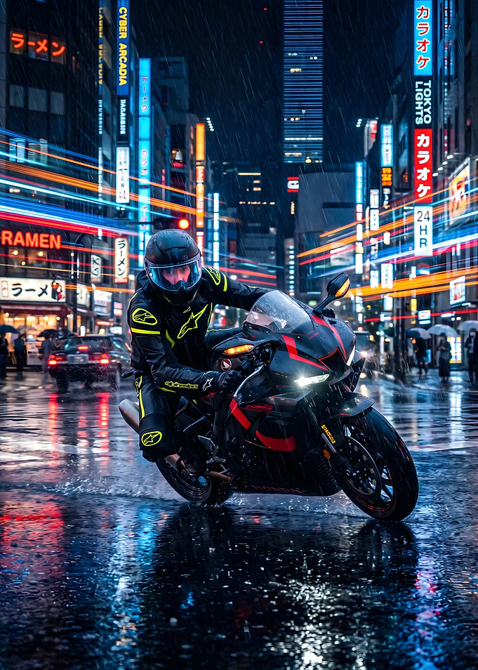 Motorcyclist Riding Through Rainy Tokyo Streets