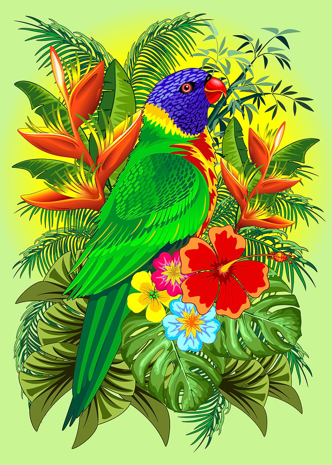 Vibrant Lorikeet Amidst Tropical Flowers
