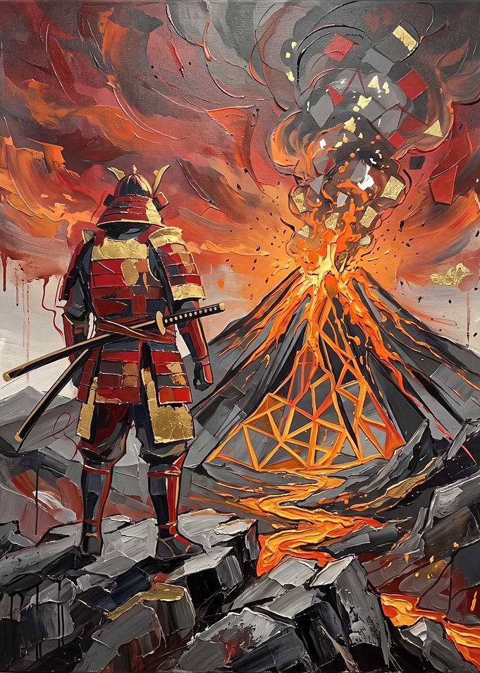 Samurai Standing Before Erupting Volcano