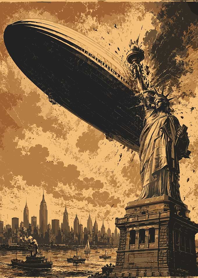 Zeppelin Crashing into Statue of Liberty
