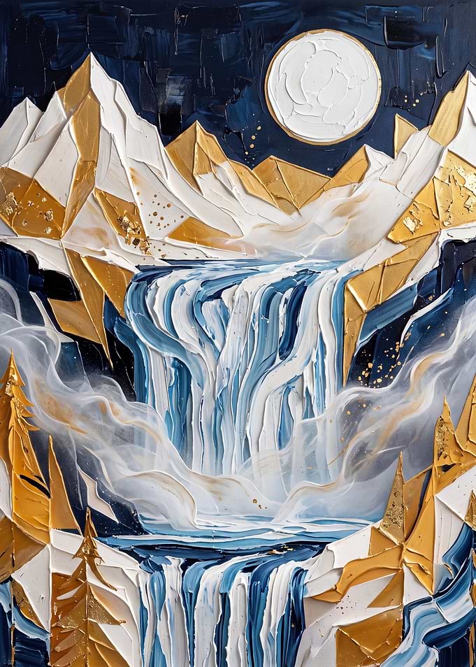 Abstract Gold and Blue Mountain Waterfall