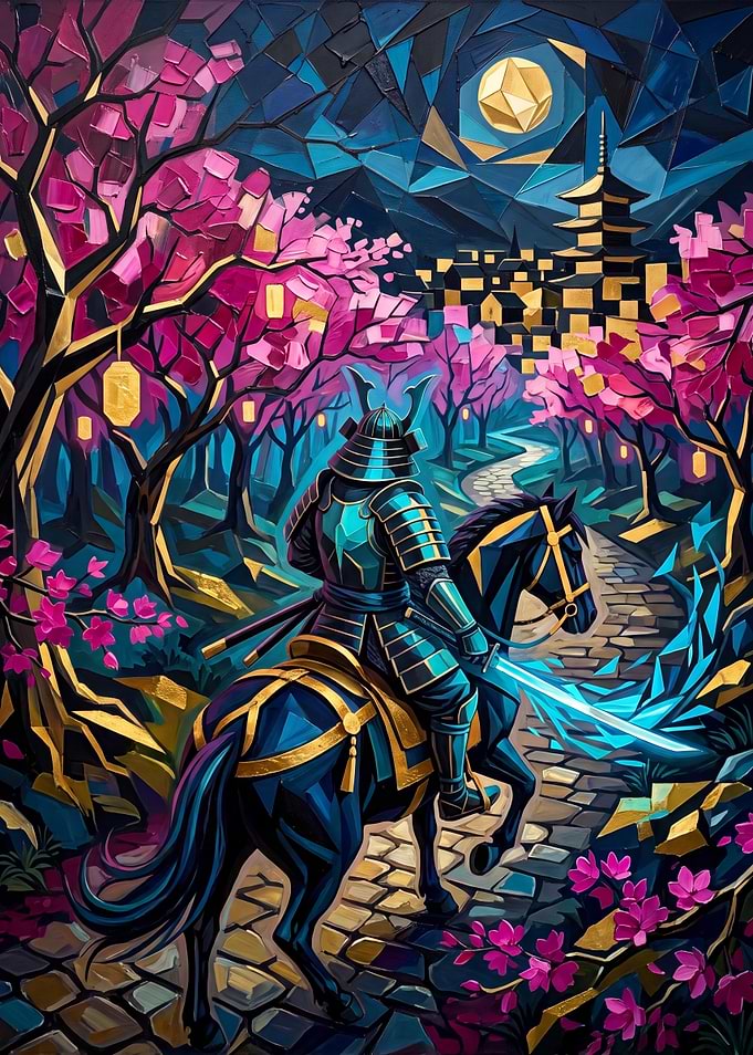 Samurai Riding Horse Through Cherry Blossoms