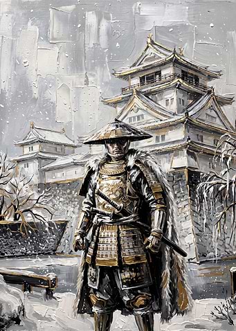 Samurai Warrior Before Japanese Castle
