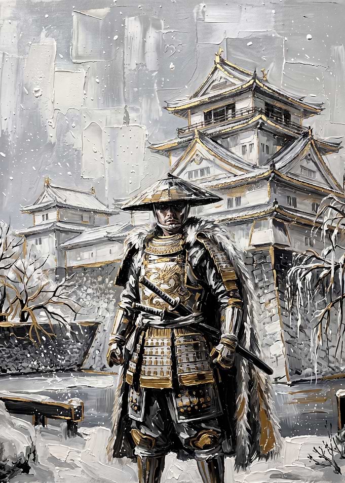 Samurai Warrior Before Japanese Castle