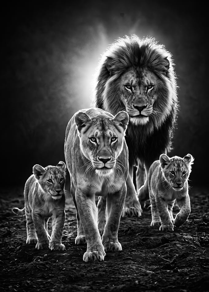 Majestic Lion Family Portrait black and white art poster