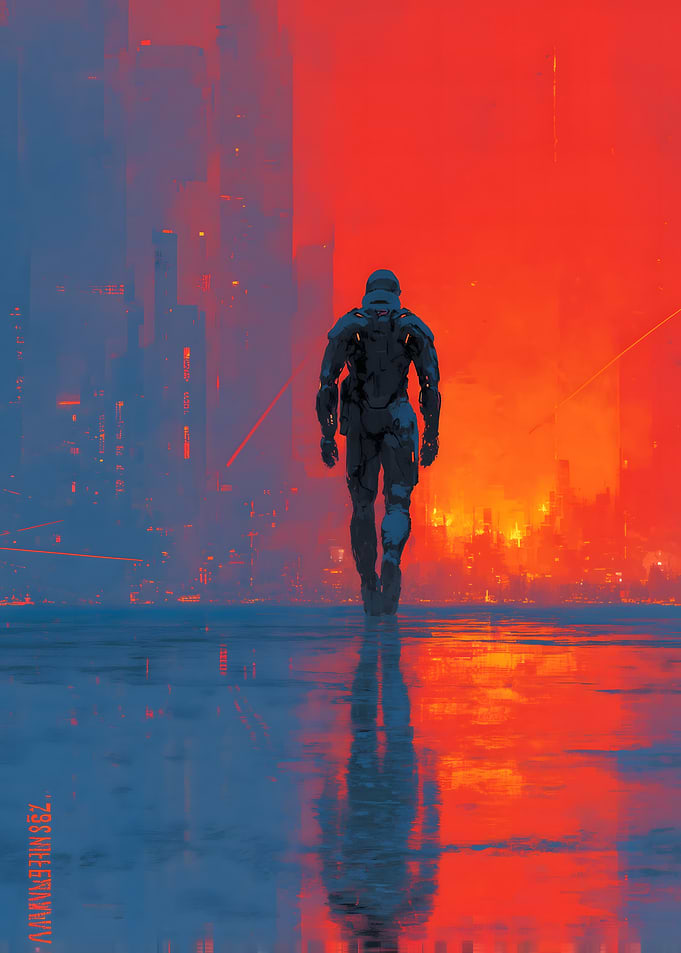 Cyberpunk Soldier Walking Through Fire
