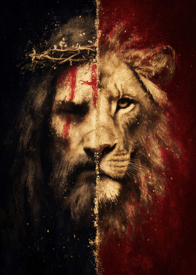 Jesus and Lion Split Face Portrait