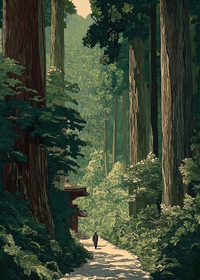 Lone Traveler in Ancient Forest