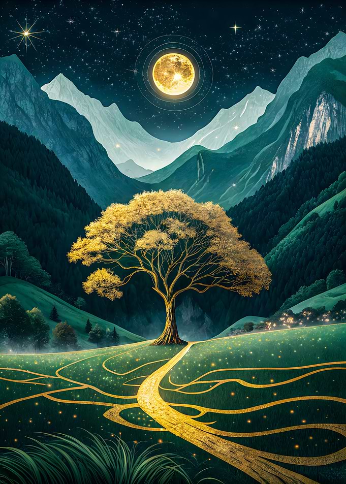 Golden Tree Under a Full Moon in a Mountain Valley
