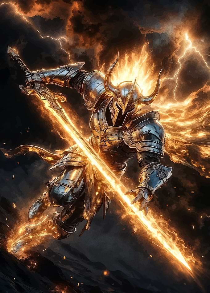 Fiery Armored Warrior with Flaming Sword