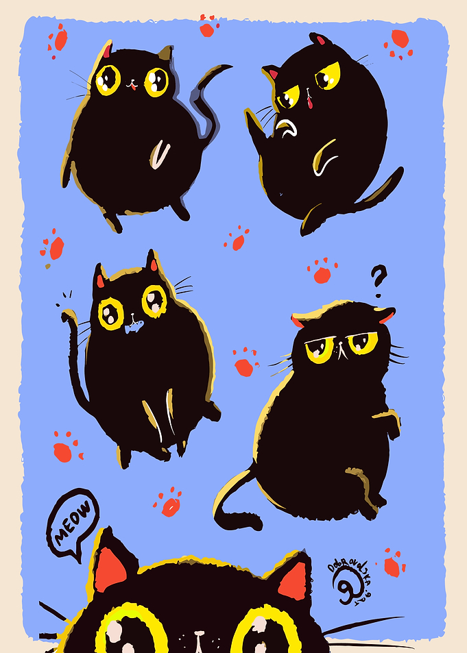 Cute Black Cat Expressions Poster | Kawaii Cartoon Cat Wall Art Illustration