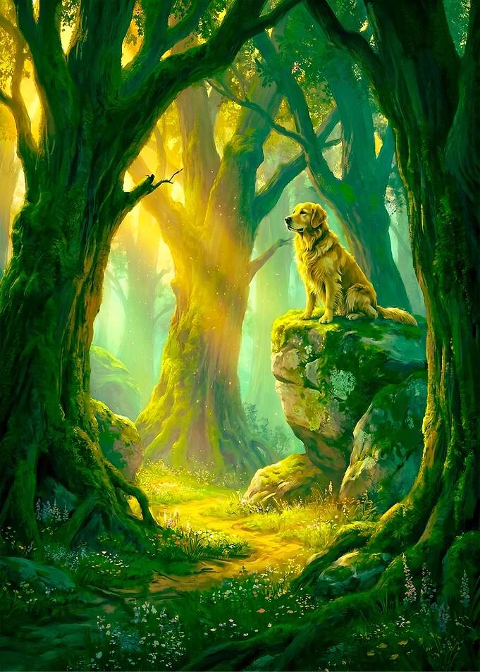 Golden Retriever in Enchanted Forest